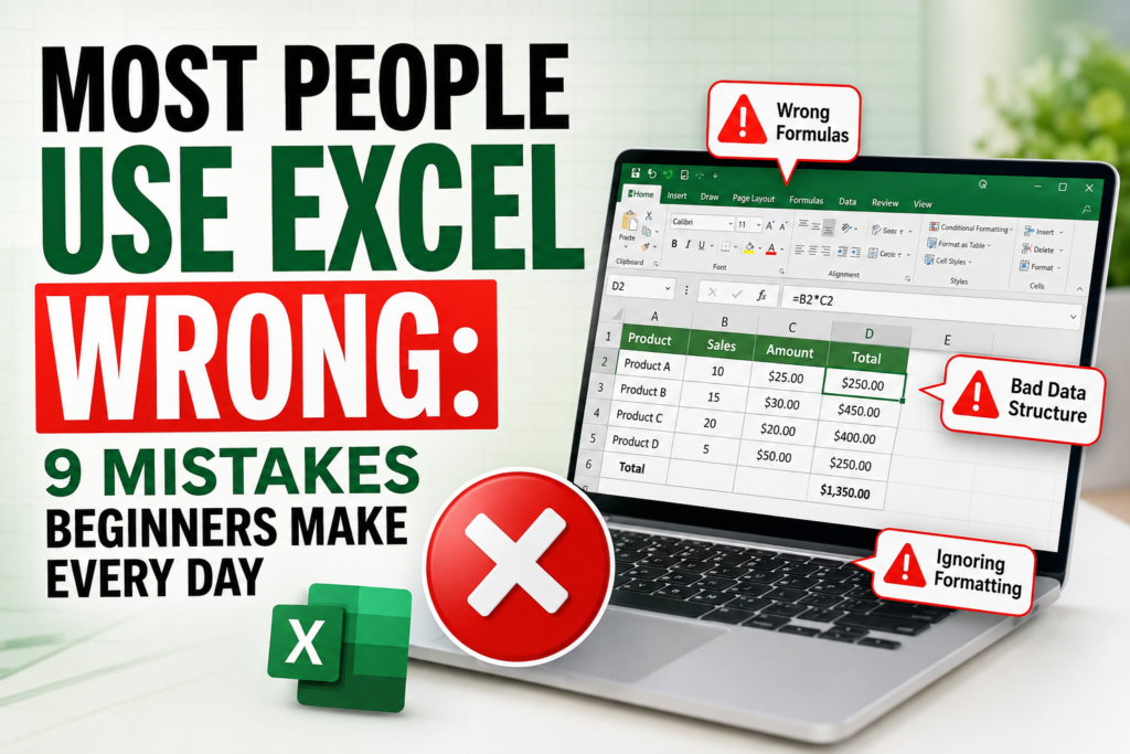 Most people use Excel wrong showing common Excel mistakes beginners make every day including wrong formulas, bad data structure and formatting errors