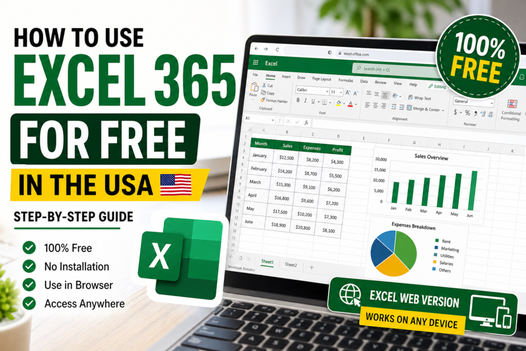 How to use Excel 365 for free in the USA using Excel web version on laptop with charts and dashboard
