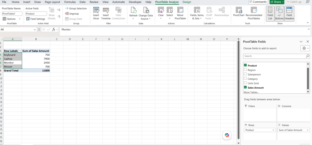 Excel instantly creates a summarized report.