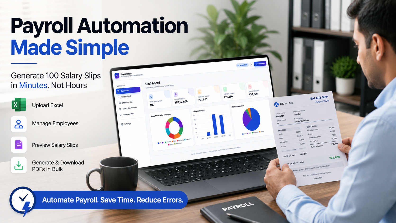 Payroll dashboard showing employee analytics and salary metrics